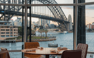 Quay, Sydney restaurant dining room and view of Sydney Harbour Bridge