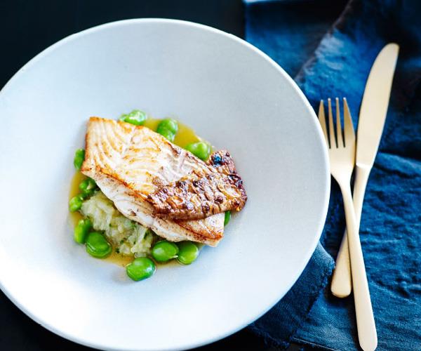 **[Blue-eye trevalla with Jerusalem artichokes, broad beans and chicken jus](https://www.gourmettraveller.com.au/recipes/chefs-recipes/blue-eye-trevalla-with-jerusalem-artichokes-broad-beans-and-chicken-jus-8130|target="_blank")**