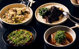 Four dishes on the table at Lagoon Dining in Carlton Melbourne: a rice dish, steamed fish with ginger.