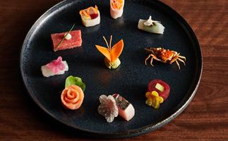 Yoshii's Omakase in Crown Sydney. Photo of 10 small dishes served at the omakase counter