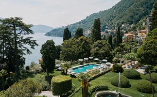 Passalacqua Lake Como's pool and garden, with a view of Lake Como.iew of the po