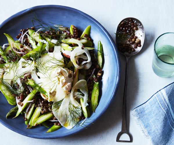 **[Green asparagus, lentil and labne salad](https://www.gourmettraveller.com.au/recipes/fast-recipes/green-asparagus-lentil-and-labne-salad-16563|target="_blank")**