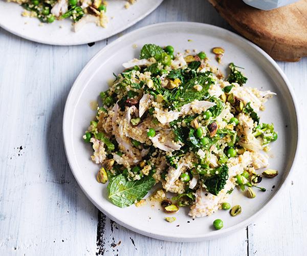 **[Poached chicken and millet salad with peas and mint](https://www.gourmettraveller.com.au/recipes/fast-recipes/poached-chicken-and-millet-salad-with-peas-and-mint-13789|target="_blank")**