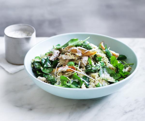 **[Chicken salad with asparagus and quinoa](https://www.gourmettraveller.com.au/recipes/fast-recipes/chicken-salad-with-asparagus-and-quinoa-13848|target="_blank")**