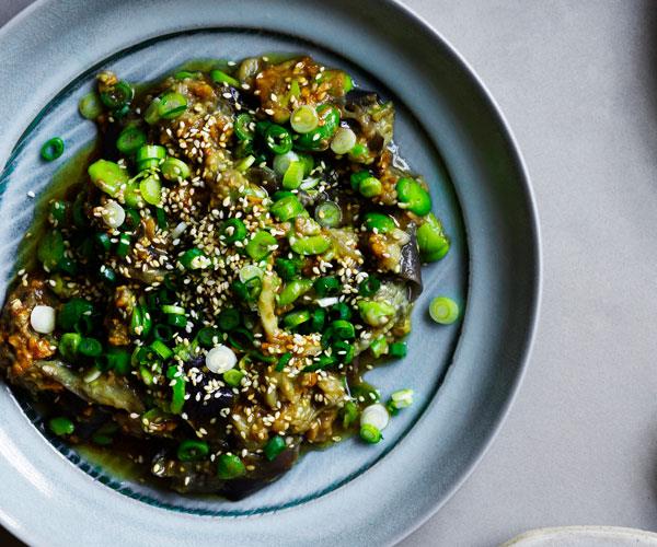 **[Tony Tan's eggplant and broad beans with soy-sesame dressing](https://www.gourmettraveller.com.au/recipes/chefs-recipes/eggplant-broad-beans-16755|target="_blank")**