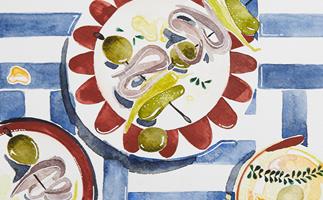 Ilustration of table setting with blue and white table cloth and three plates of food