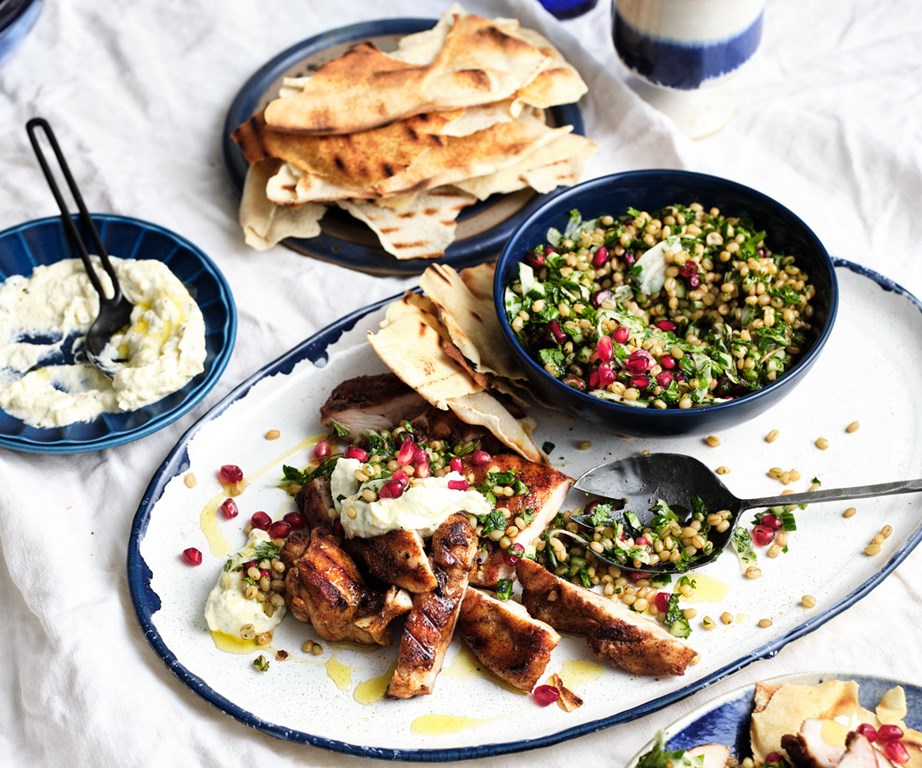 **[Shawarma-spiced chicken with pomegranate tabbouleh](https://www.gourmettraveller.com.au/recipes/browse-all/shawarma-spiced-chicken-with-pomegranate-tabbouleh-20694|target="_blank"|rel="nofollow")**