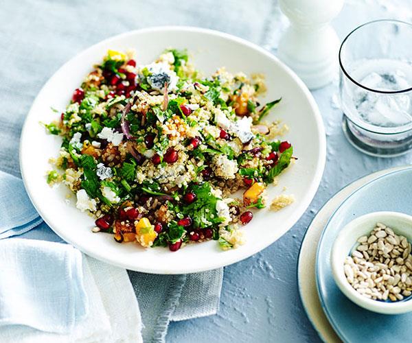 **[Quinoa salad with pomegranate, pumpkin and ashed goat's cheese](https://www.gourmettraveller.com.au/recipes/fast-recipes/quinoa-salad-with-pomegranate-pumpkin-and-ashed-goats-cheese-13471|target="_blank")**