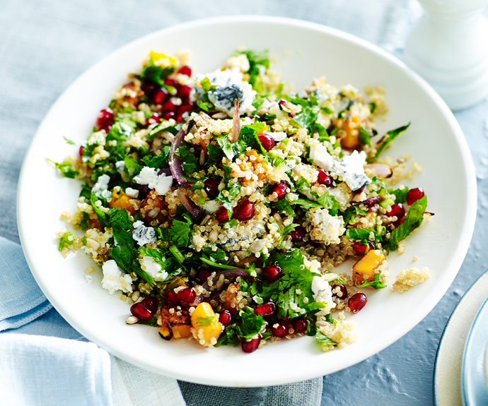 **[Quinoa salad with pomegranate, pumpkin and ashed goat's cheese](https://www.gourmettraveller.com.au/recipes/fast-recipes/quinoa-salad-with-pomegranate-pumpkin-and-ashed-goats-cheese-13471|target="_blank"|rel="nofollow")**