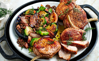 Sumac-spiced pork cutlets with Brussels sprouts and lentils