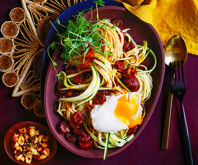 Chilli and soy butter noodles with poached duck egg