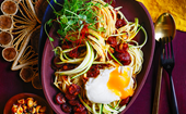 Chilli and soy butter noodles with poached duck egg