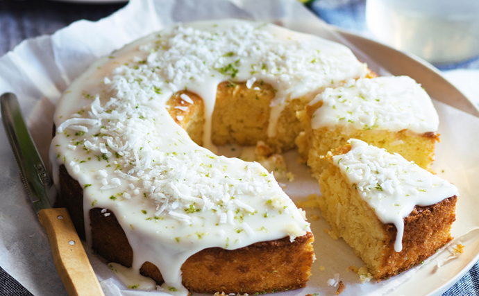 Lime and coconut cake with pineapple glaze