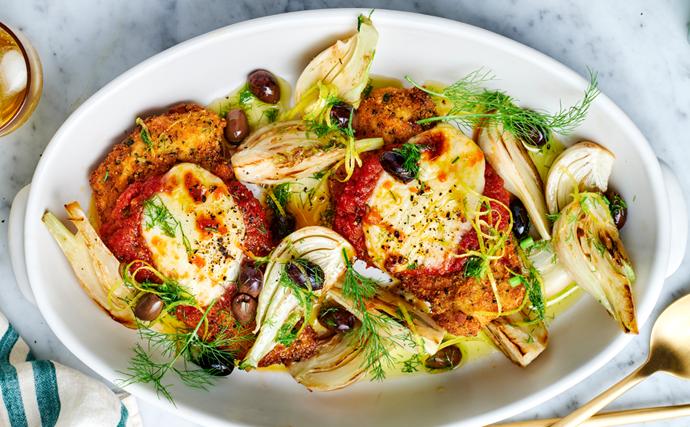 Chicken parmigiana recipe with roast fennel and olive